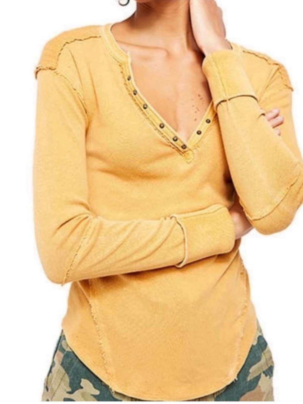 Free People We The Free Mustard Yellow Military Mix Henley features a V-neckline